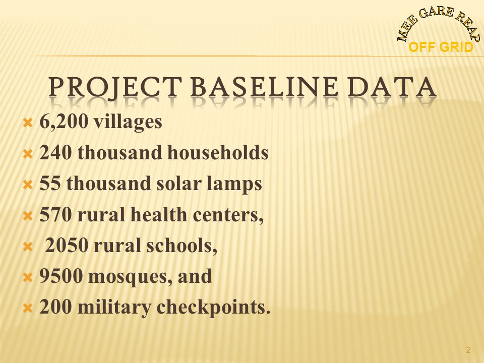 6,200 villages 240 thousand households 55 thousand solar lamps 570 rural health centers, 2050 rural schools, 9500 mosques, and 200 military checkpoints.