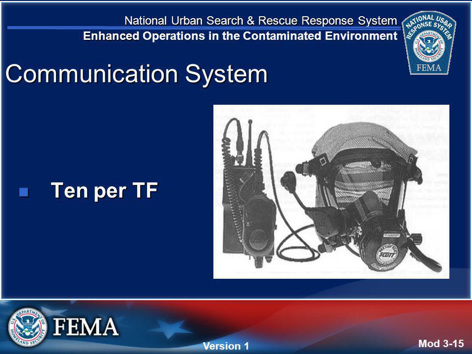 National Urban Search & Rescue Response System Enhanced National Urban Search & Rescue Response System Enhanced Operations in the Contaminated Environment Version 4 Version 1 Ten per TF Ten per TF Mod 3-15 Communication System