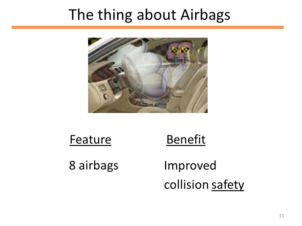 11 The thing about Airbags Feature 8 airbags Benefit Improved collision safety