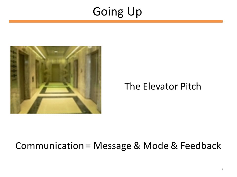 3 Going Up The Elevator Pitch Communication = Message & Mode & Feedback