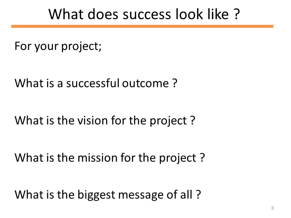 8 What does success look like . For your project; What is a successful outcome .