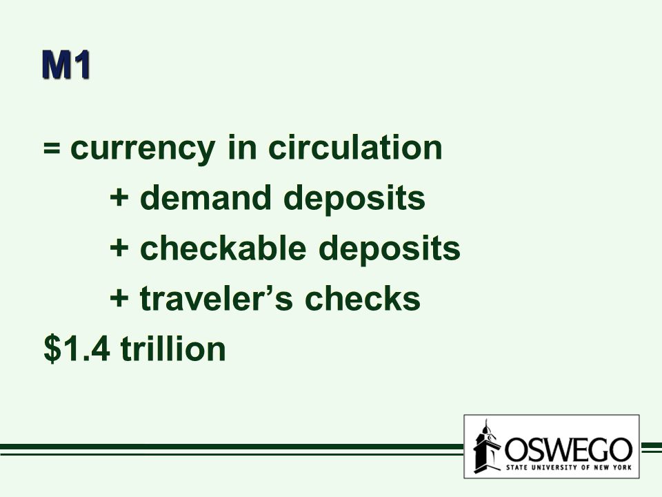 M1M1 = currency in circulation + demand deposits + checkable deposits + travelers checks $1.4 trillion = currency in circulation + demand deposits + checkable deposits + travelers checks $1.4 trillion
