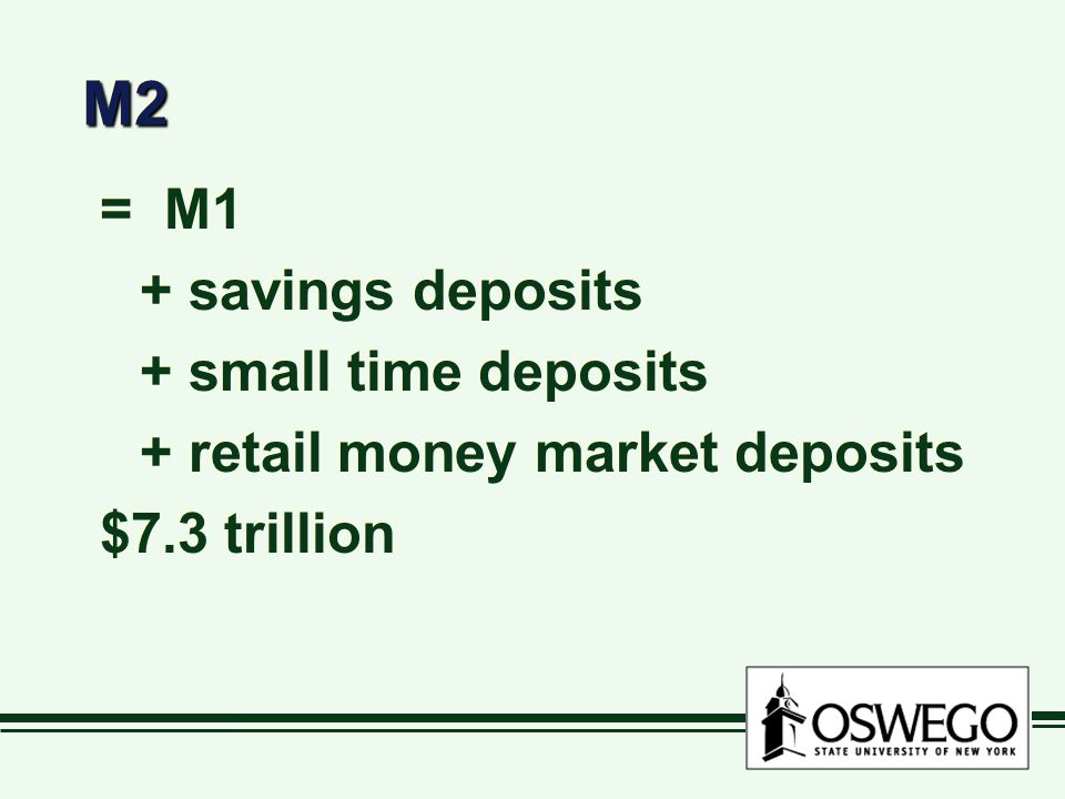 M2M2 = M1 + savings deposits + small time deposits + retail money market deposits $7.3 trillion = M1 + savings deposits + small time deposits + retail money market deposits $7.3 trillion
