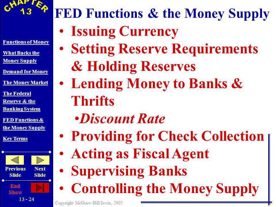 Copyright McGraw-Hill/Irwin, 2005 Functions of Money What Backs the Money Supply Demand for Money The Money Market The Federal Reserve & the Banking System FED Functions & the Money Supply Key Terms Previous Slide Next Slide End Show THE FEDERAL RESERVE AND THE BANKING SYSTEM Federal Open Market Committee Board of Governors 12 Federal Reserve Banks Commercial Banks Thrift Institutions (Savings & loan associations, mutual savings banks, credit unions) The Public (Households and businesses)
