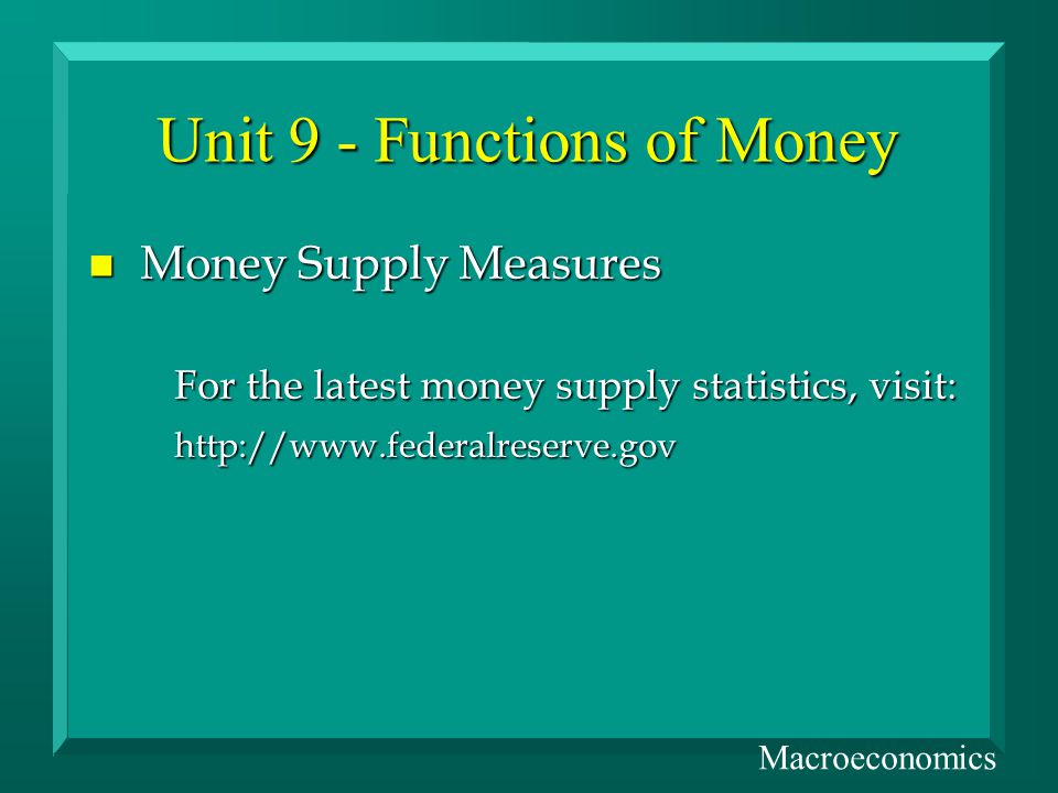 Unit 9 - Functions of Money n Money Supply Measures For the latest money supply statistics, visit:   Macroeconomics