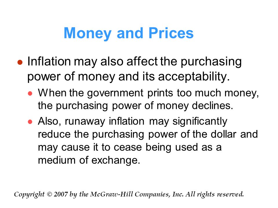 Money and Prices Inflation may also affect the purchasing power of money and its acceptability.