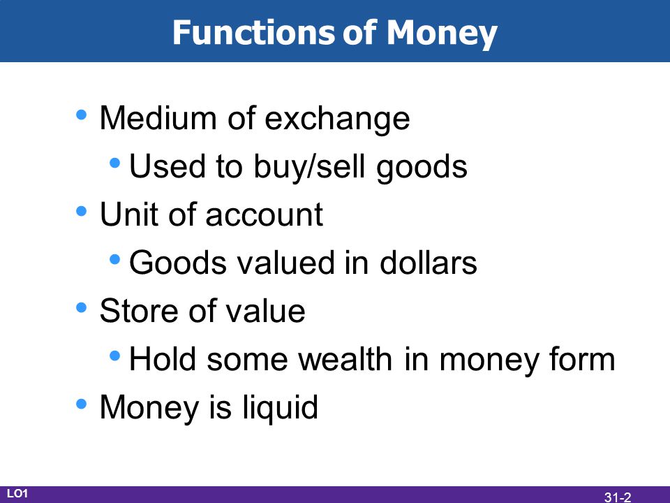 Functions of Money Medium of exchange Used to buy/sell goods Unit of account Goods valued in dollars Store of value Hold some wealth in money form Money is liquid LO1 31-2