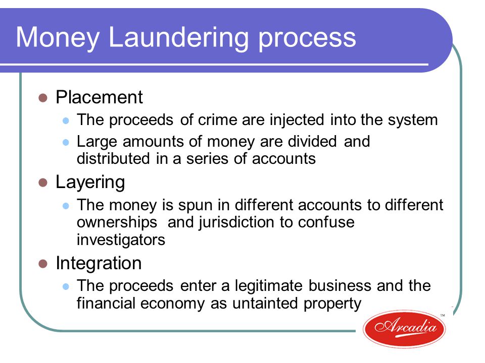 Money Laundering process Placement The proceeds of crime are injected into the system Large amounts of money are divided and distributed in a series of accounts Layering The money is spun in different accounts to different ownerships and jurisdiction to confuse investigators Integration The proceeds enter a legitimate business and the financial economy as untainted property
