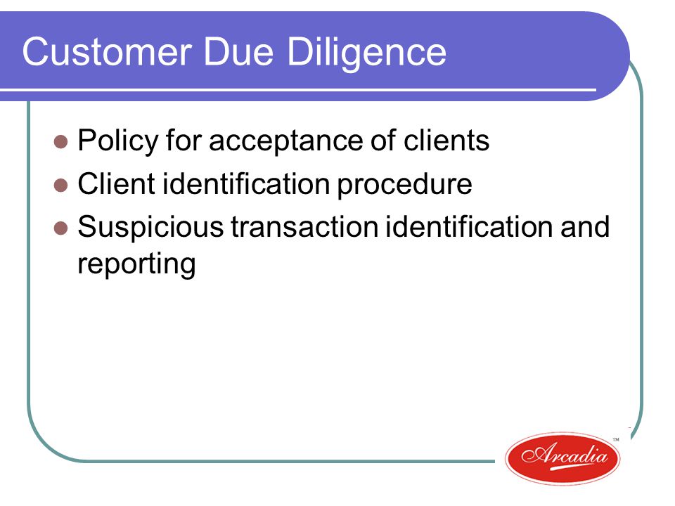 Customer Due Diligence Policy for acceptance of clients Client identification procedure Suspicious transaction identification and reporting