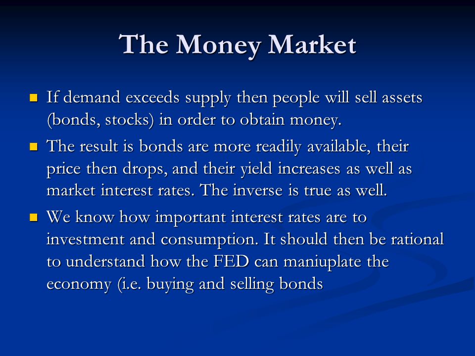 The Money Market If demand exceeds supply then people will sell assets (bonds, stocks) in order to obtain money.
