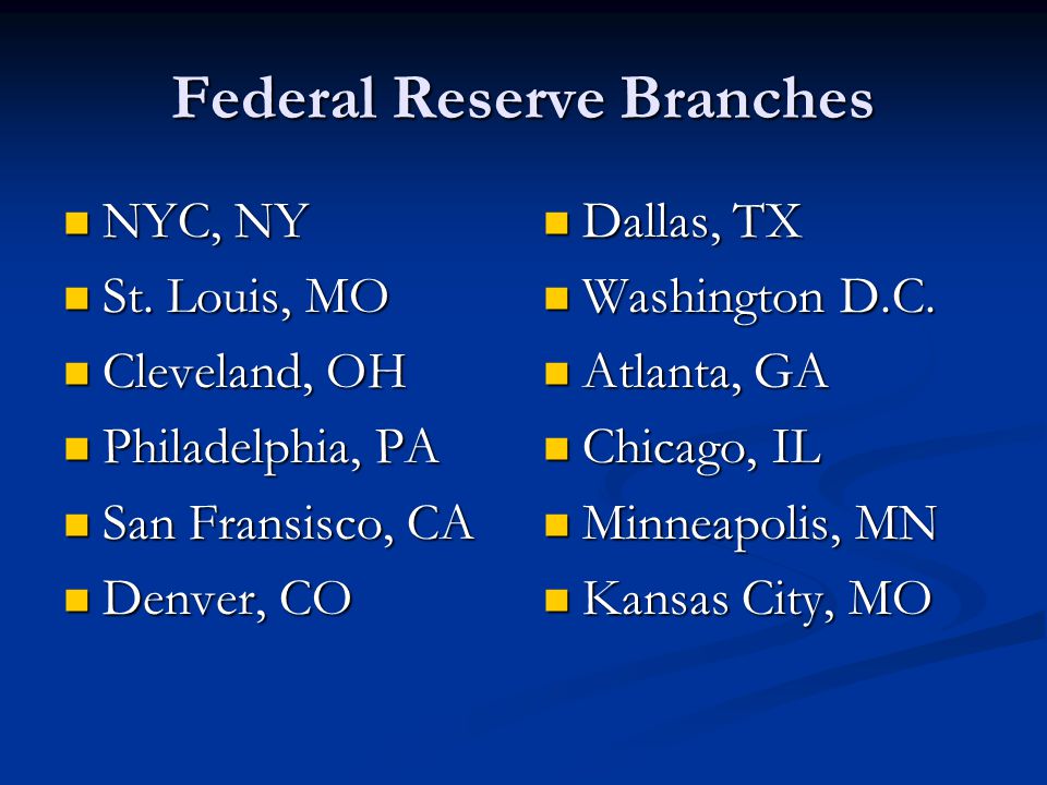 Federal Reserve Branches NYC, NY NYC, NY St. Louis, MO St.