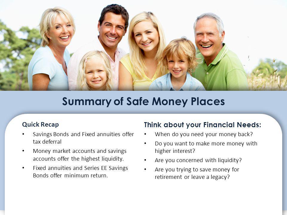 Summary of Safe Money Places Quick Recap Savings Bonds and Fixed annuities offer tax deferral Money market accounts and savings accounts offer the highest liquidity.