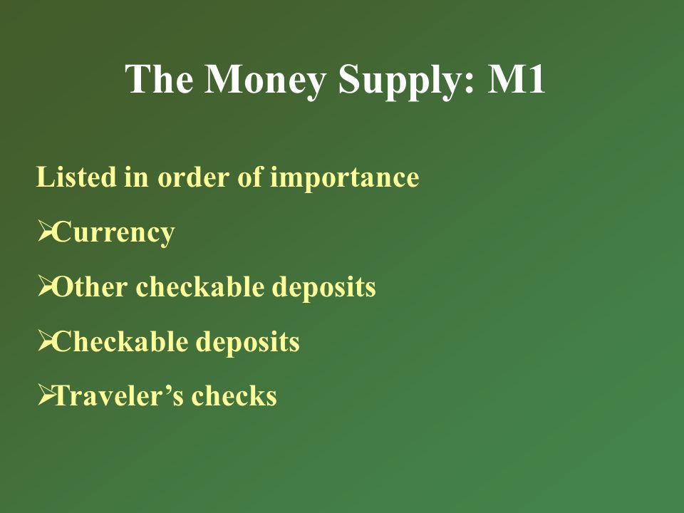 The Money Supply: M1 Listed in order of importance Currency Other checkable deposits Checkable deposits Travelers checks