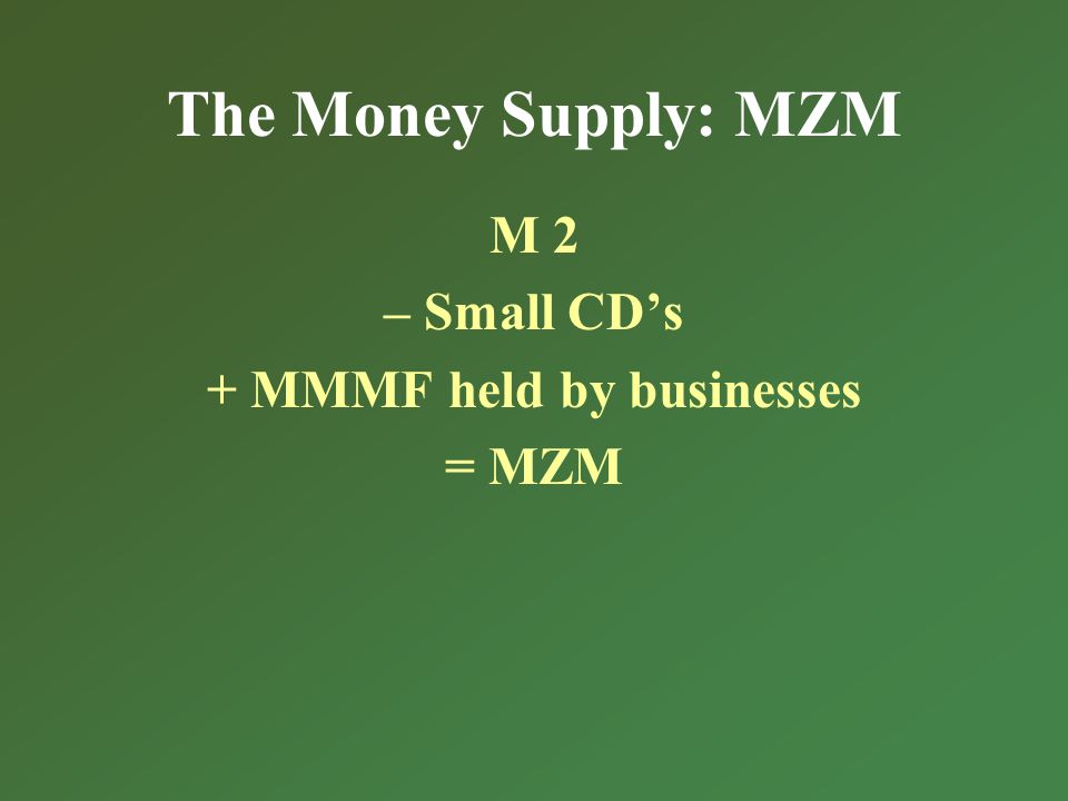 The Money Supply: MZM M 2 – Small CDs + MMMF held by businesses = MZM