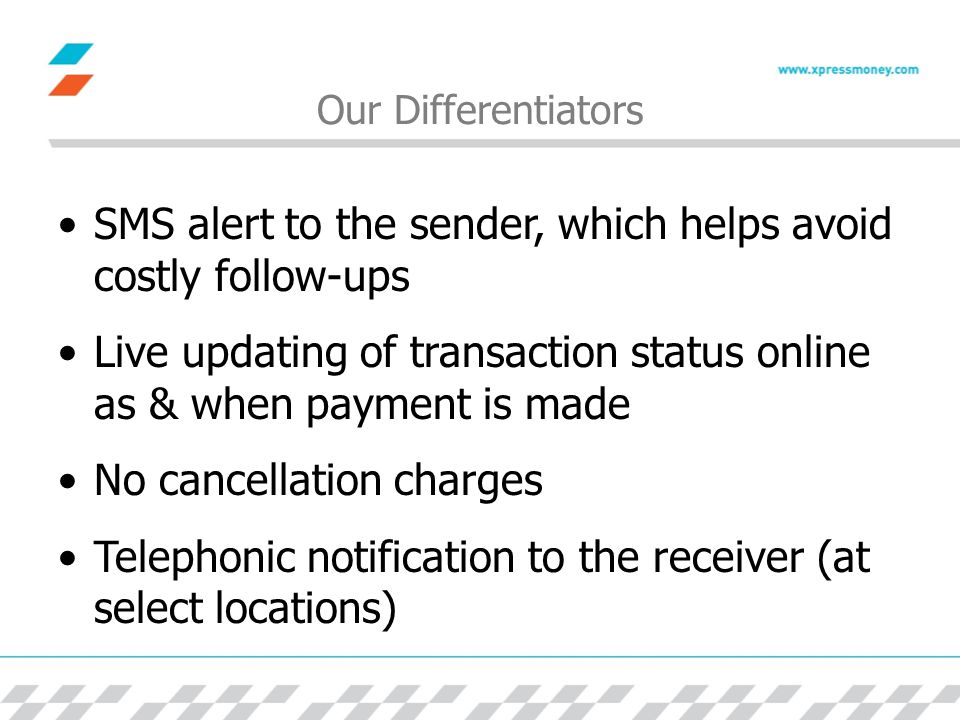 Our Differentiators SMS alert to the sender, which helps avoid costly follow-ups Live updating of transaction status online as & when payment is made No cancellation charges Telephonic notification to the receiver (at select locations)