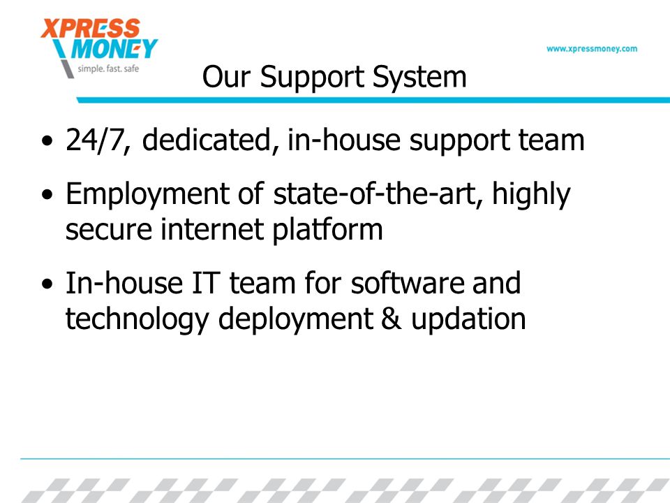 Our Support System 24/7, dedicated, in-house support team Employment of state-of-the-art, highly secure internet platform In-house IT team for software and technology deployment & updation