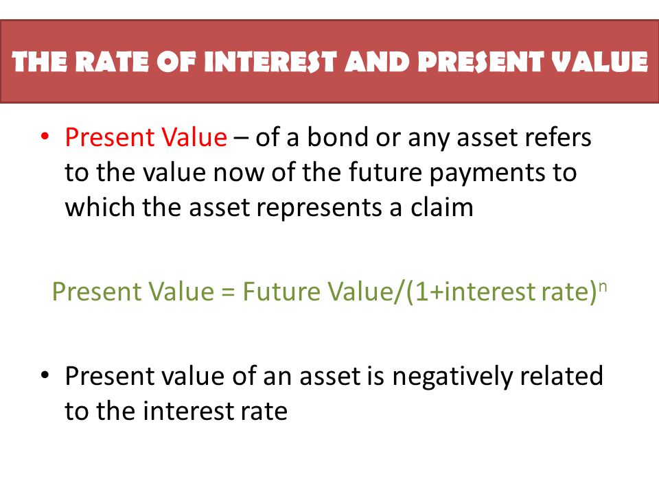 THE RATE OF INTEREST AND PRESENT VALUE Present Value – of a bond or any asset refers to the value now of the future payments to which the asset represents a claim Present Value = Future Value/(1+interest rate) n Present value of an asset is negatively related to the interest rate