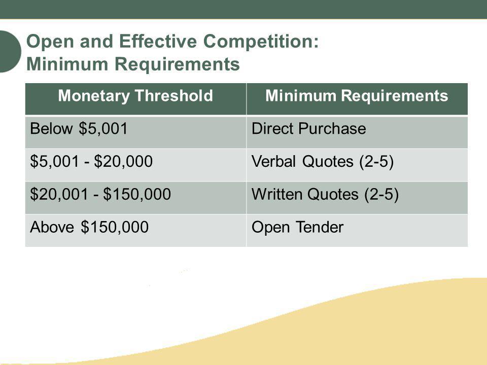 Open and Effective Competition: Minimum Requirements Monetary ThresholdMinimum Requirements Below $5,001Direct Purchase $5,001 - $20,000Verbal Quotes (2-5) $20,001 - $150,000Written Quotes (2-5) Above $150,000Open Tender