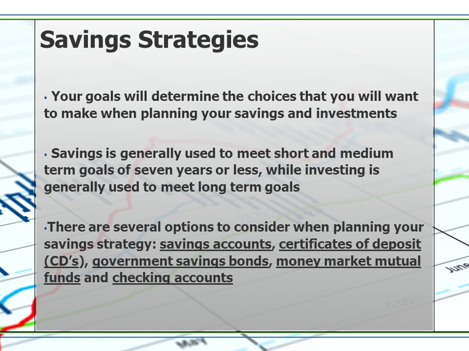 Savings Strategies Your goals will determine the choices that you will want to make when planning your savings and investments Savings is generally used to meet short and medium term goals of seven years or less, while investing is generally used to meet long term goals There are several options to consider when planning your savings strategy: savings accounts, certificates of deposit (CDs), government savings bonds, money market mutual funds and checking accounts