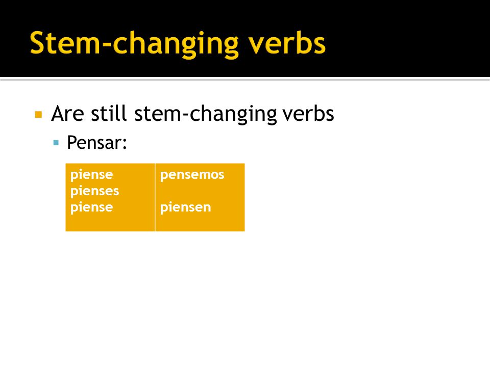 Are still stem-changing verbs Pensar: piense pienses piense pensemos piensen