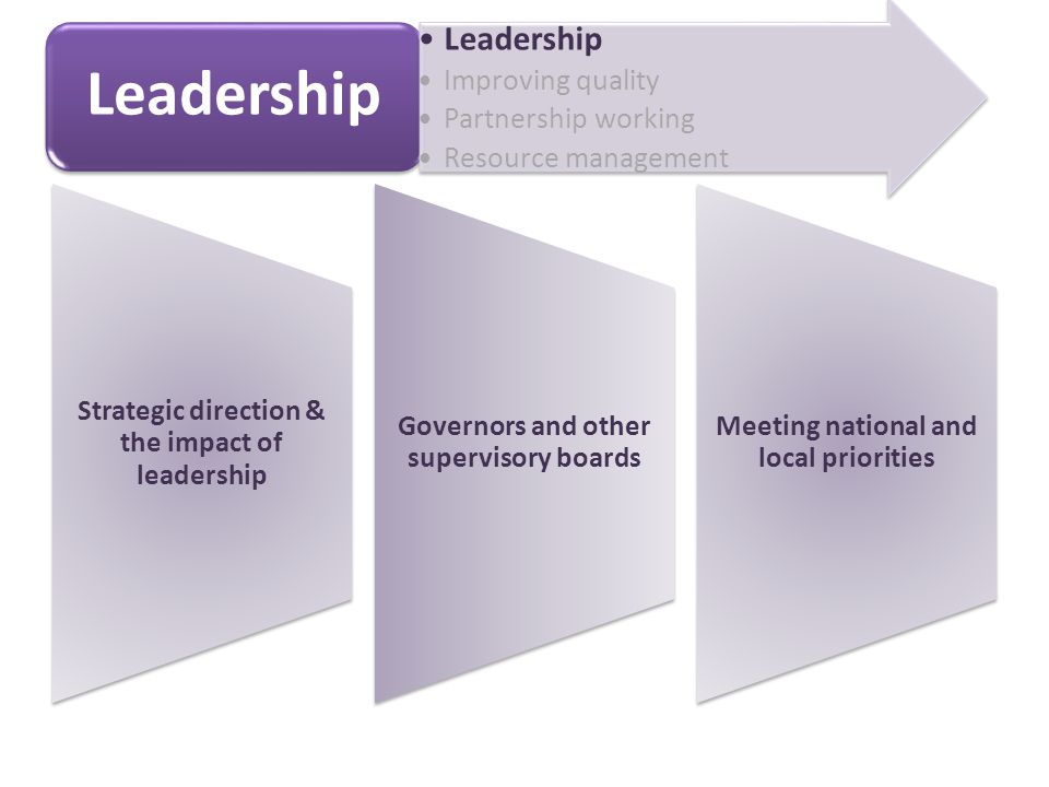 Strategic direction & the impact of leadership Governors and other supervisory boards Meeting national and local priorities Leadership Improving quality Partnership working Resource management