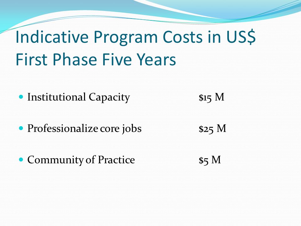 Indicative Program Costs in US$ First Phase Five Years Institutional Capacity$15 M Professionalize core jobs$25 M Community of Practice$5 M