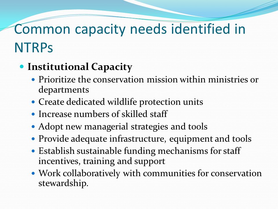 Common capacity needs identified in NTRPs Institutional Capacity Prioritize the conservation mission within ministries or departments Create dedicated wildlife protection units Increase numbers of skilled staff Adopt new managerial strategies and tools Provide adequate infrastructure, equipment and tools Establish sustainable funding mechanisms for staff incentives, training and support Work collaboratively with communities for conservation stewardship.