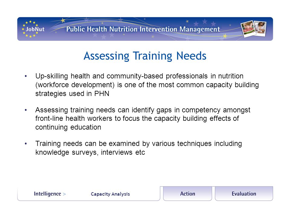 Capacity Analysis Assessing Training Needs Up-skilling health and community-based professionals in nutrition (workforce development) is one of the most common capacity building strategies used in PHN Assessing training needs can identify gaps in competency amongst front-line health workers to focus the capacity building effects of continuing education Training needs can be examined by various techniques including knowledge surveys, interviews etc