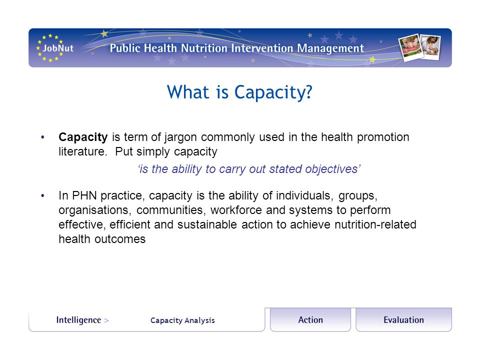 What is Capacity. Capacity is term of jargon commonly used in the health promotion literature.