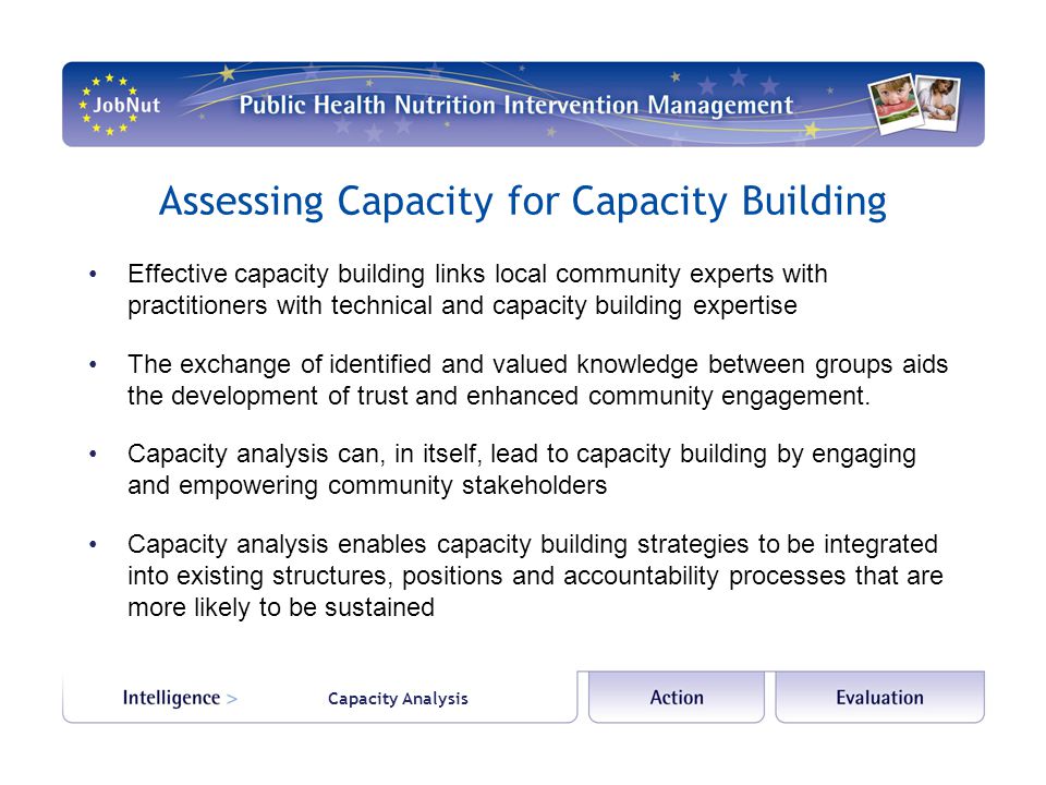 Capacity Analysis Assessing Capacity for Capacity Building Effective capacity building links local community experts with practitioners with technical and capacity building expertise The exchange of identified and valued knowledge between groups aids the development of trust and enhanced community engagement.