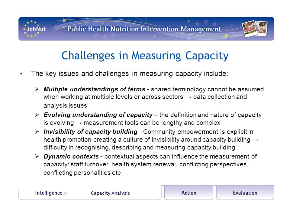 Capacity Analysis Challenges in Measuring Capacity The key issues and challenges in measuring capacity include: Multiple understandings of terms - shared terminology cannot be assumed when working at multiple levels or across sectors data collection and analysis issues Evolving understanding of capacity – the definition and nature of capacity is evolving measurement tools can be lengthy and complex Invisibility of capacity building - Community empowerment is explicit in health promotion creating a culture of invisibility around capacity building difficulty in recognising, describing and measuring capacity building Dynamic contexts - contextual aspects can influence the measurement of capacity: staff turnover, health system renewal, conflicting perspectives, conflicting personalities etc