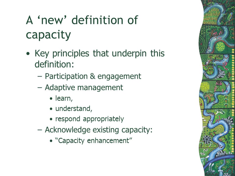 A new definition of capacity Key principles that underpin this definition: –Participation & engagement –Adaptive management learn, understand, respond appropriately –Acknowledge existing capacity: Capacity enhancement