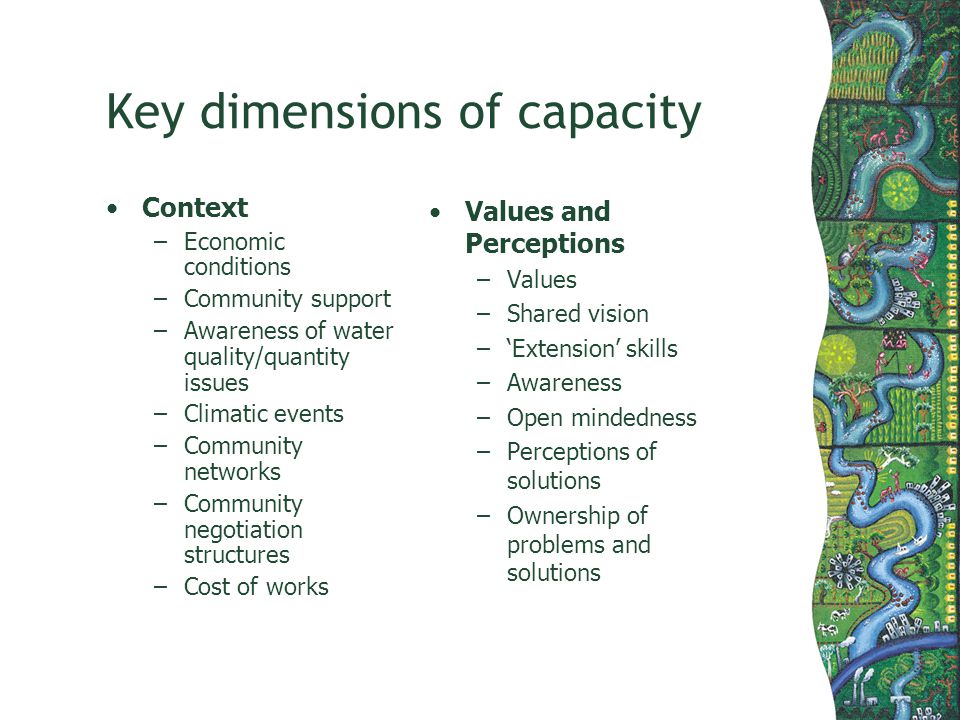 Key dimensions of capacity Context –Economic conditions –Community support –Awareness of water quality/quantity issues –Climatic events –Community networks –Community negotiation structures –Cost of works Values and Perceptions –Values –Shared vision –Extension skills –Awareness –Open mindedness –Perceptions of solutions –Ownership of problems and solutions