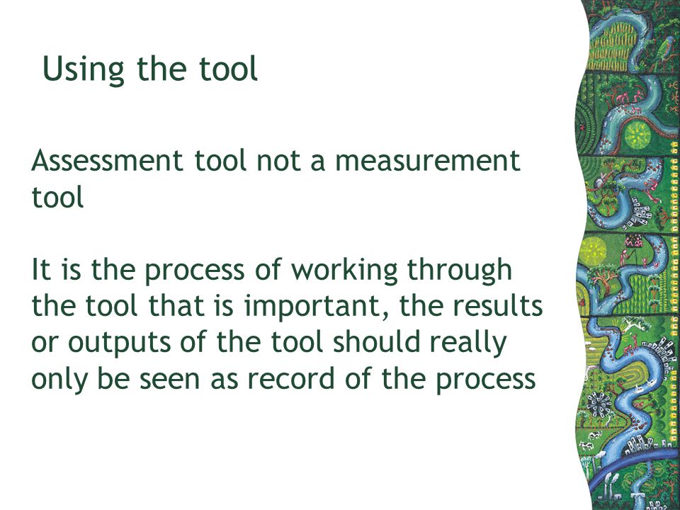 Using the tool Assessment tool not a measurement tool It is the process of working through the tool that is important, the results or outputs of the tool should really only be seen as record of the process