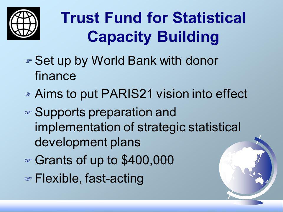 Trust Fund for Statistical Capacity Building F Set up by World Bank with donor finance F Aims to put PARIS21 vision into effect F Supports preparation and implementation of strategic statistical development plans F Grants of up to $400,000 F Flexible, fast-acting