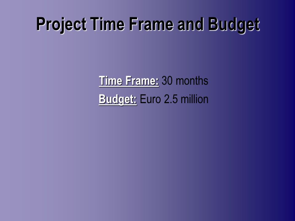 Project Time Frame and Budget Time Frame: Time Frame: 30 months Budget: Budget: Euro 2.5 million