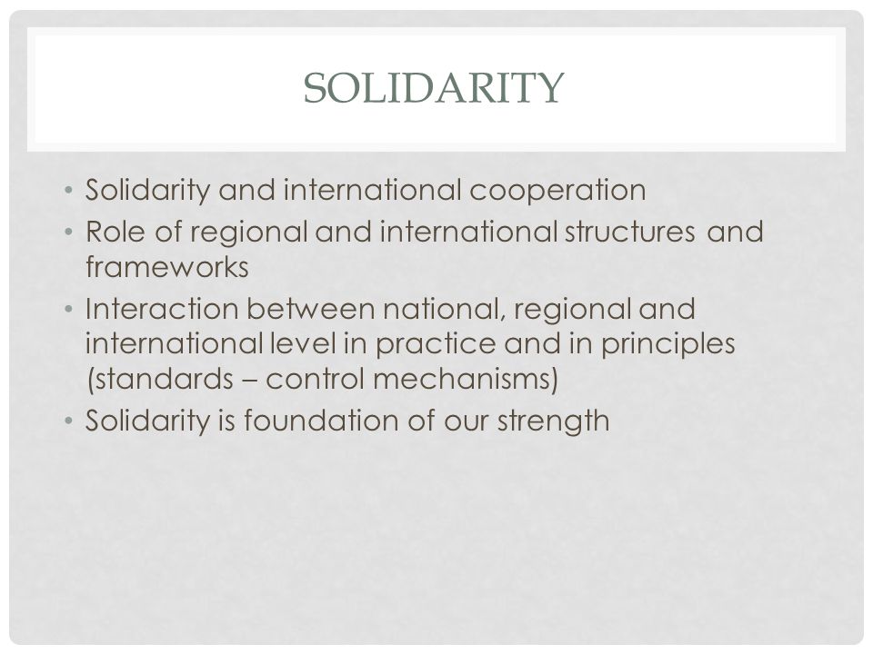 SOLIDARITY Solidarity and international cooperation Role of regional and international structures and frameworks Interaction between national, regional and international level in practice and in principles (standards – control mechanisms) Solidarity is foundation of our strength