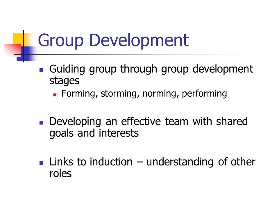 Group Development Guiding group through group development stages Forming, storming, norming, performing Developing an effective team with shared goals and interests Links to induction – understanding of other roles