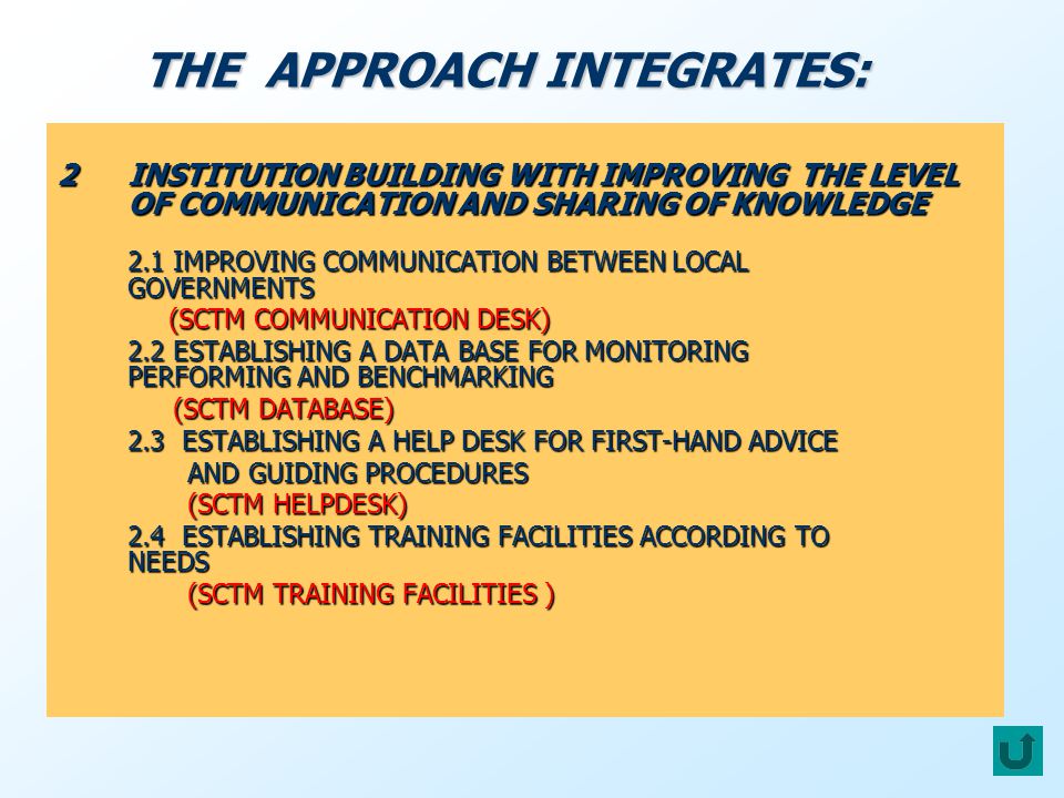 2INSTITUTION BUILDING WITH IMPROVING THE LEVEL OF COMMUNICATION AND SHARING OF KNOWLEDGE 2.1 IMPROVING COMMUNICATION BETWEEN LOCAL GOVERNMENTS (SCTM COMMUNICATION DESK) (SCTM COMMUNICATION DESK) 2.2 ESTABLISHING A DATA BASE FOR MONITORING PERFORMING AND BENCHMARKING (SCTM DATABASE) (SCTM DATABASE) 2.3 ESTABLISHING A HELP DESK FOR FIRST-HAND ADVICE AND GUIDING PROCEDURES AND GUIDING PROCEDURES (SCTM HELPDESK) (SCTM HELPDESK) 2.4 ESTABLISHING TRAINING FACILITIES ACCORDING TO NEEDS (SCTM TRAINING FACILITIES ) (SCTM TRAINING FACILITIES ) THE APPROACH INTEGRATES: