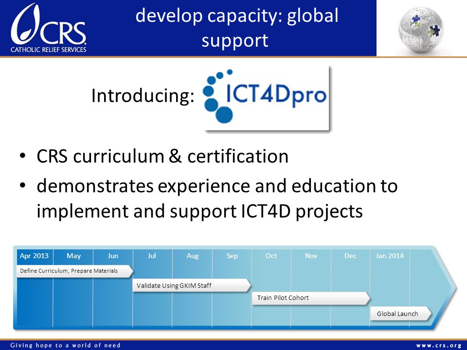 develop capacity: global support CRS curriculum & certification demonstrates experience and education to implement and support ICT4D projects Introducing: Define Curriculum, Prepare Materials Validate Using GKIM Staff Jan 2014DecNovOctSepAugJunMayApr 2013Jul Train Pilot Cohort Global Launch