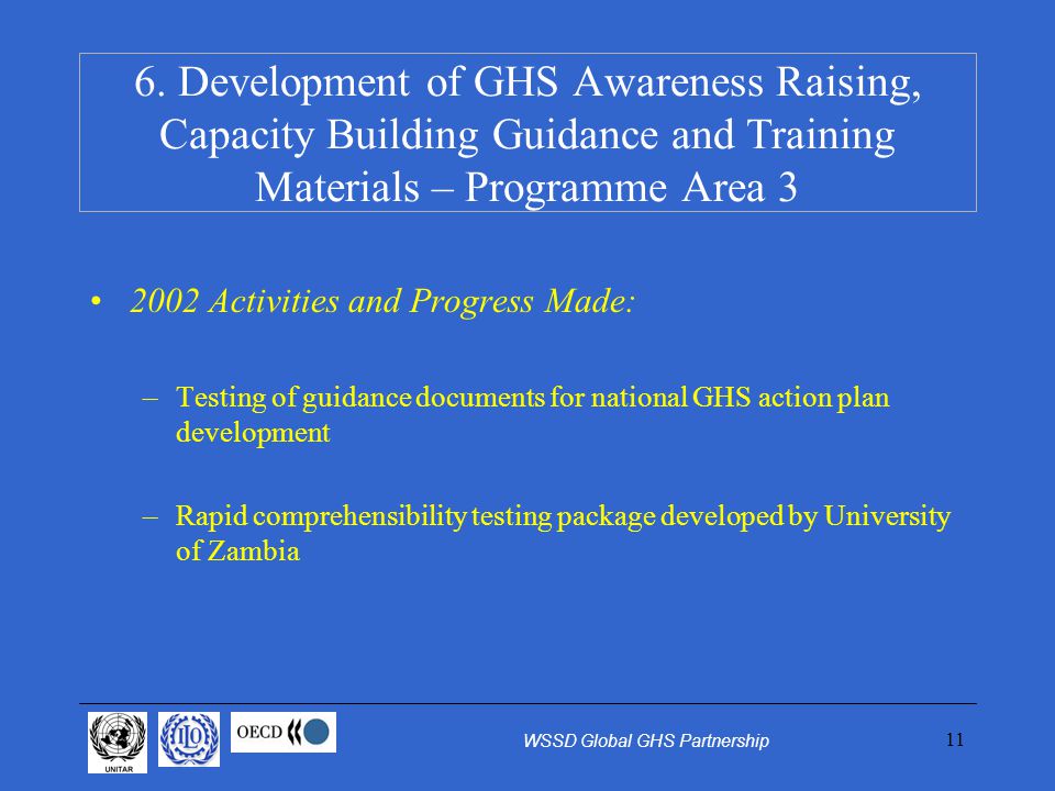 Activities and Progress Made: –Testing of guidance documents for national GHS action plan development –Rapid comprehensibility testing package developed by University of Zambia 6.