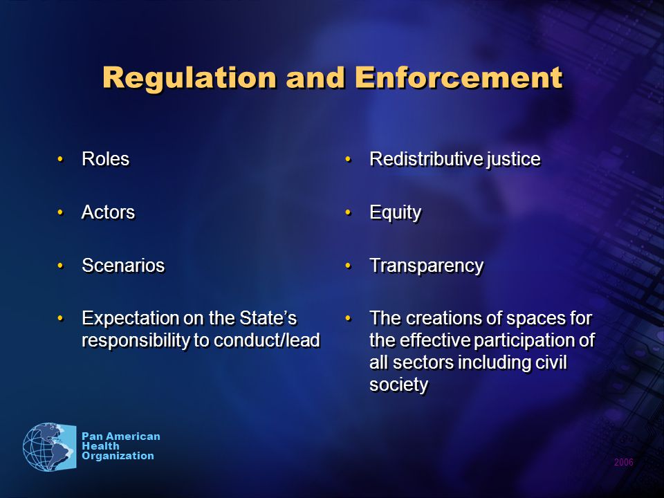 2006 Pan American Health Organization Regulation and Enforcement Roles Actors Scenarios Expectation on the States responsibility to conduct/lead Roles Actors Scenarios Expectation on the States responsibility to conduct/lead Redistributive justice Equity Transparency The creations of spaces for the effective participation of all sectors including civil society