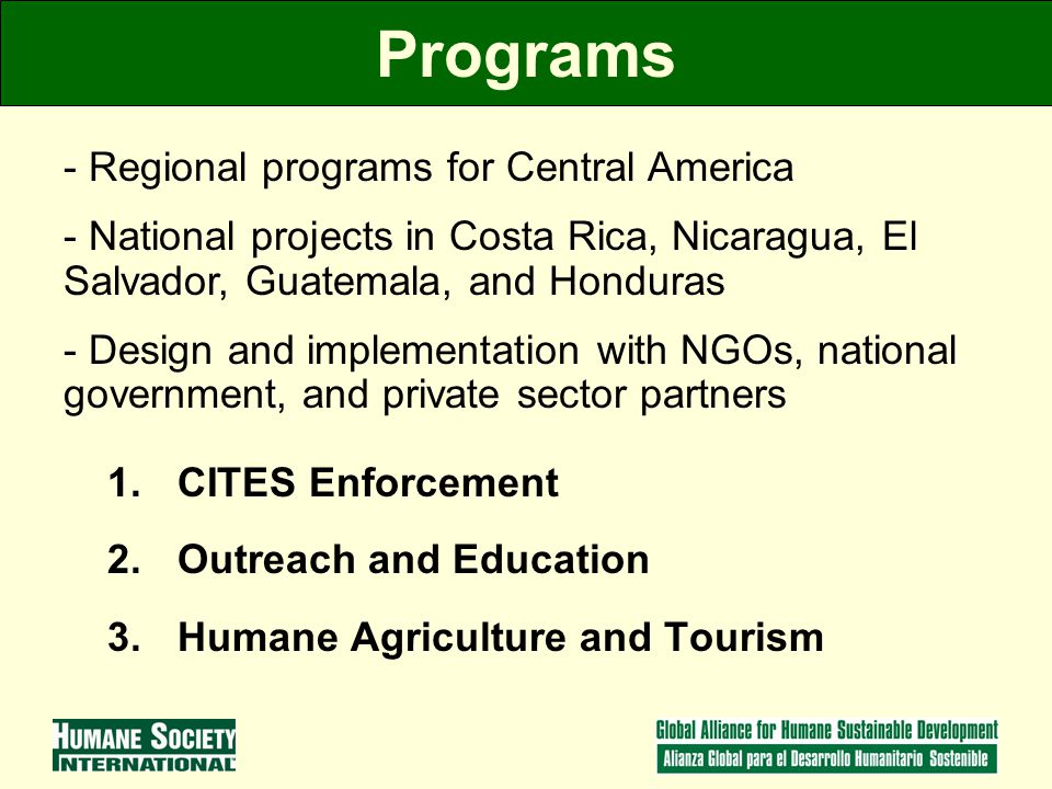 Programs 1.CITES Enforcement 2.Outreach and Education 3.Humane Agriculture and Tourism - Regional programs for Central America - National projects in Costa Rica, Nicaragua, El Salvador, Guatemala, and Honduras - Design and implementation with NGOs, national government, and private sector partners
