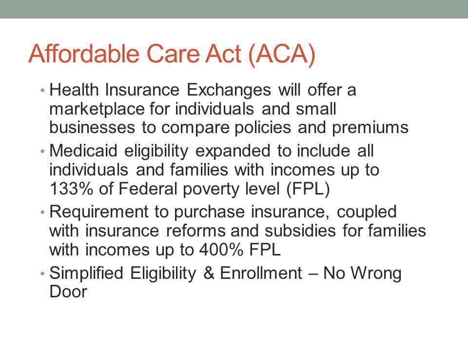 Affordable Care Act (ACA) Health Insurance Exchanges will offer a marketplace for individuals and small businesses to compare policies and premiums Medicaid eligibility expanded to include all individuals and families with incomes up to 133% of Federal poverty level (FPL) Requirement to purchase insurance, coupled with insurance reforms and subsidies for families with incomes up to 400% FPL Simplified Eligibility & Enrollment – No Wrong Door