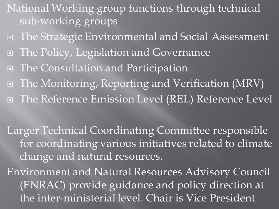 National Working group functions through technical sub-working groups The Strategic Environmental and Social Assessment The Policy, Legislation and Governance The Consultation and Participation The Monitoring, Reporting and Verification (MRV) The Reference Emission Level (REL) Reference Level Larger Technical Coordinating Committee responsible for coordinating various initiatives related to climate change and natural resources.