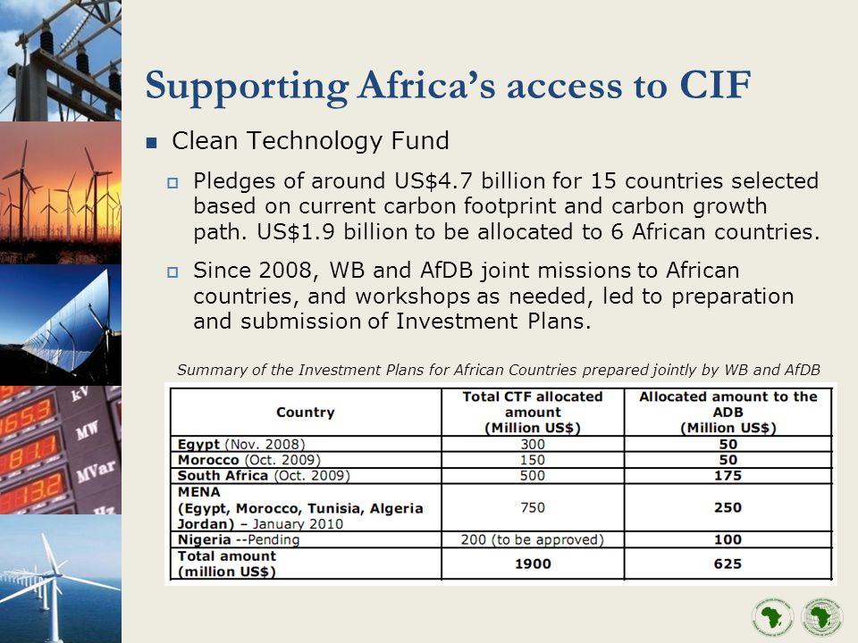 Supporting Africas access to CIF Clean Technology Fund Pledges of around US$4.7 billion for 15 countries selected based on current carbon footprint and carbon growth path.