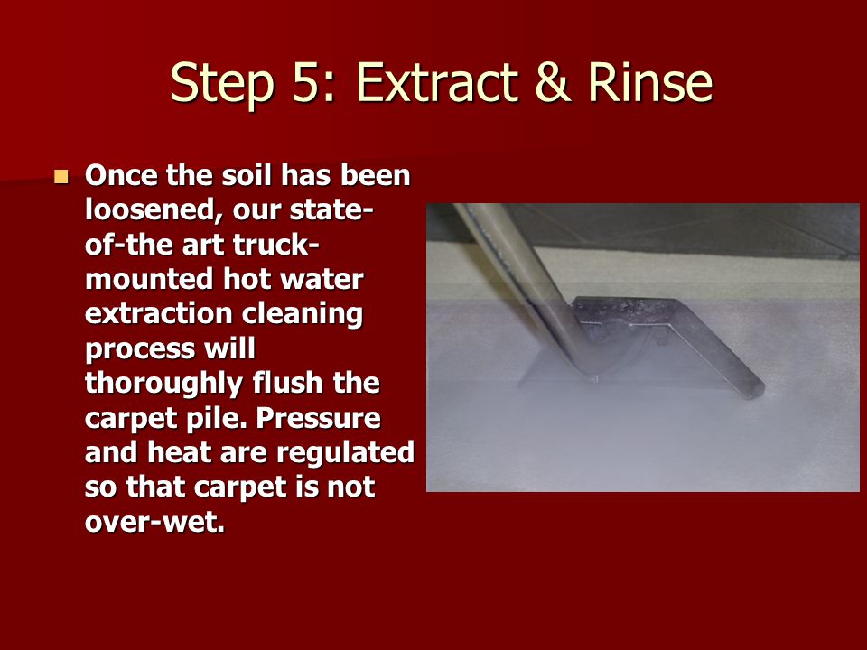 Step 5: Extract & Rinse Step 5: Extract & Rinse Once the soil has been loosened, our state- of-the art truck- mounted hot water extraction cleaning process will thoroughly flush the carpet pile.