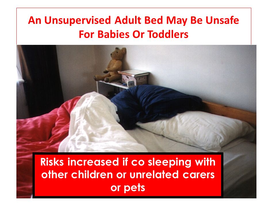 An Unsupervised Adult Bed May Be Unsafe For Babies Or Toddlers Risks increased if co sleeping with other children or unrelated carers or pets