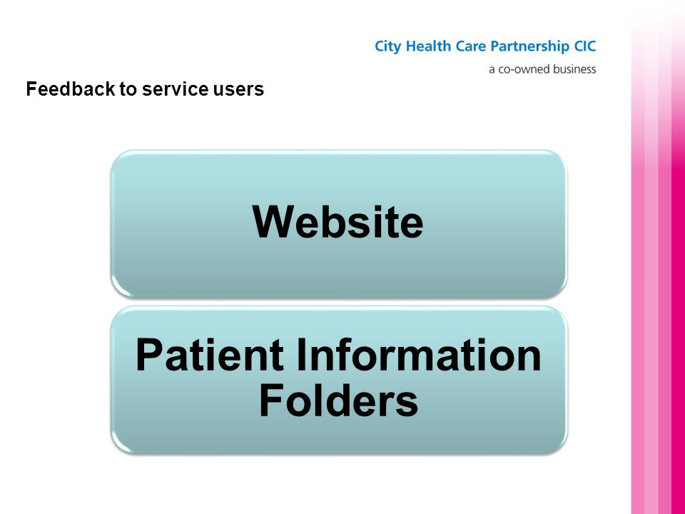 Feedback to service users Website Patient Information Folders