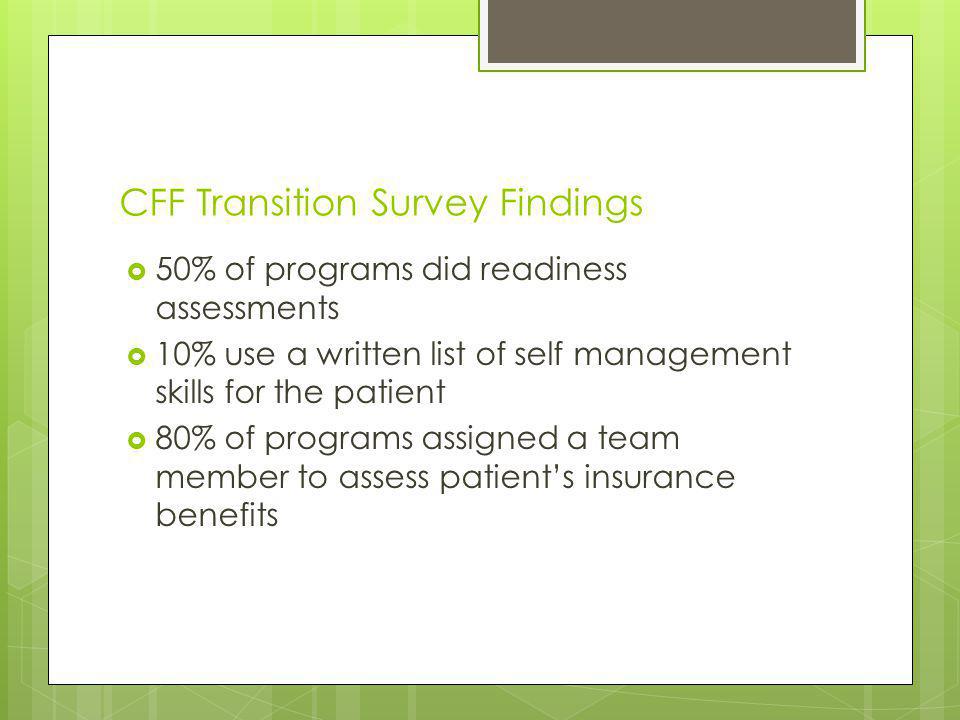CFF Transition Survey Findings 50% of programs did readiness assessments 10% use a written list of self management skills for the patient 80% of programs assigned a team member to assess patients insurance benefits